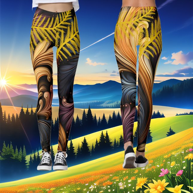 Leggings Plumes d'or Abstrait Art Vibrant Dark Motif (Golden Feathers Abstract Art Vibrant Dark Pattern Leggings)