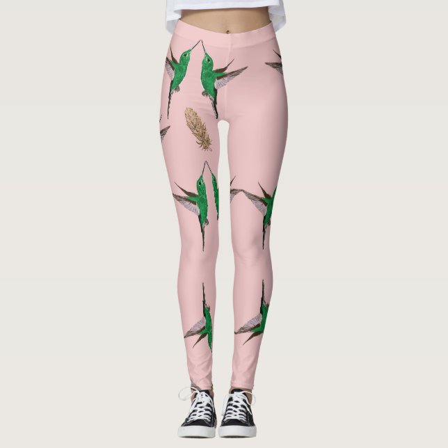 Leggings Plumes dorées de colibri vert (Devant)