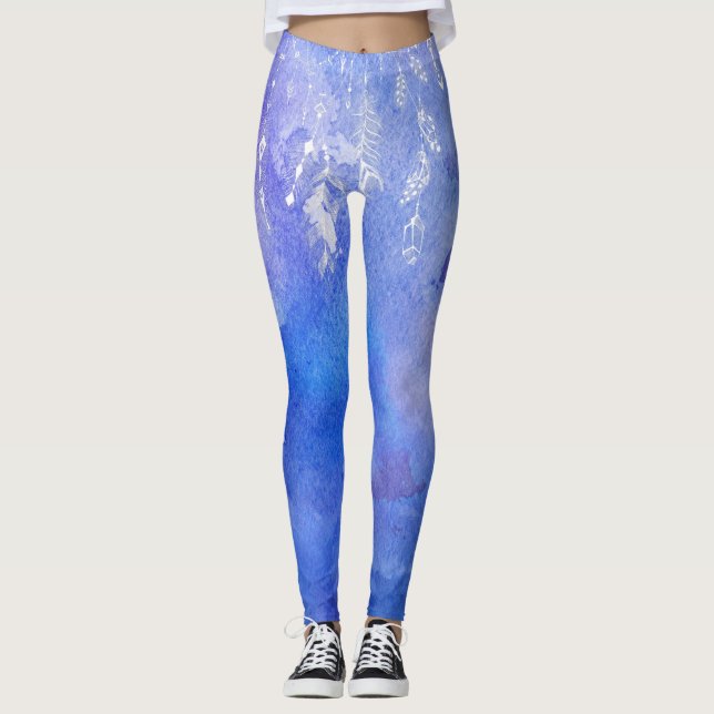 Leggings *~* Plumes et cristaux Boho Aquarelle Bleu doux (Devant)