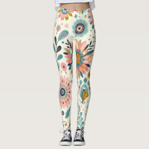 Leggings Plumes et Fleurs Bohèmes Fantaisistes