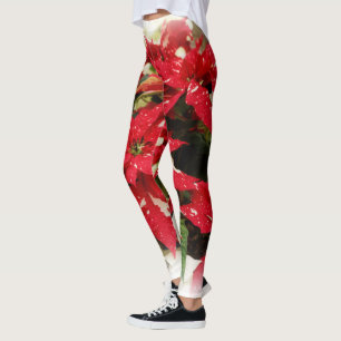 Leggings Poinsettias Festive Rouge Blanc Floral