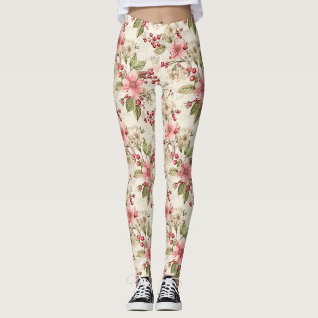 Leggings Poinsettias roses, blanches, vertes et baies rouge (Devant)