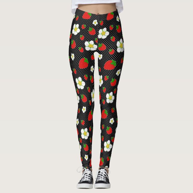 Leggings Points rouges de fraise dans le noir (Devant)