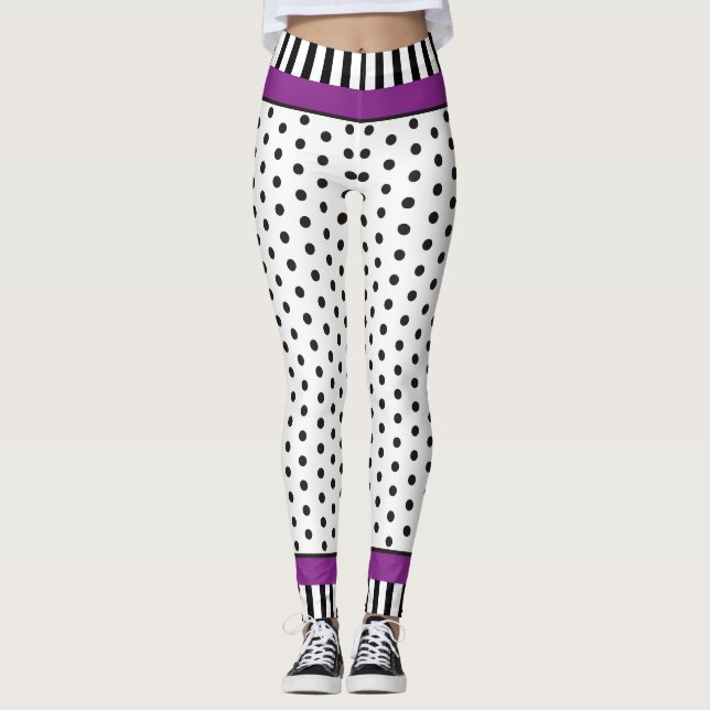 Leggings Pois noir et blanc motif & rayures violet (Devant)