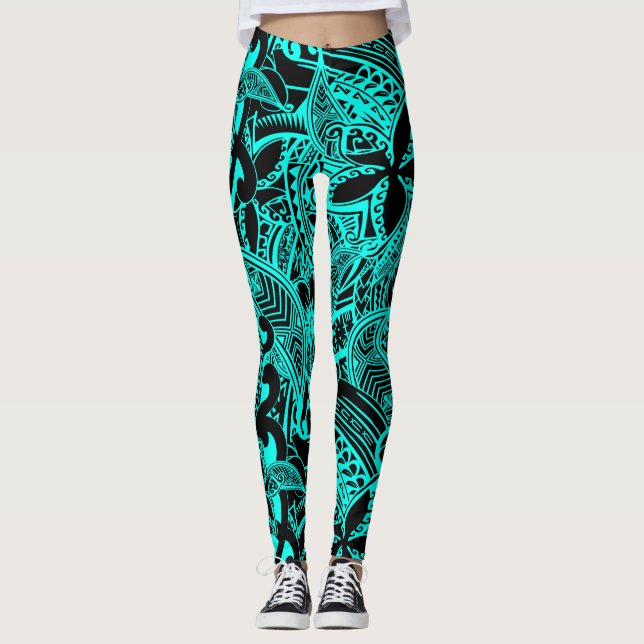 Leggings Polynésie Turquoise - Décors tribaux Turquoises ha (Devant)