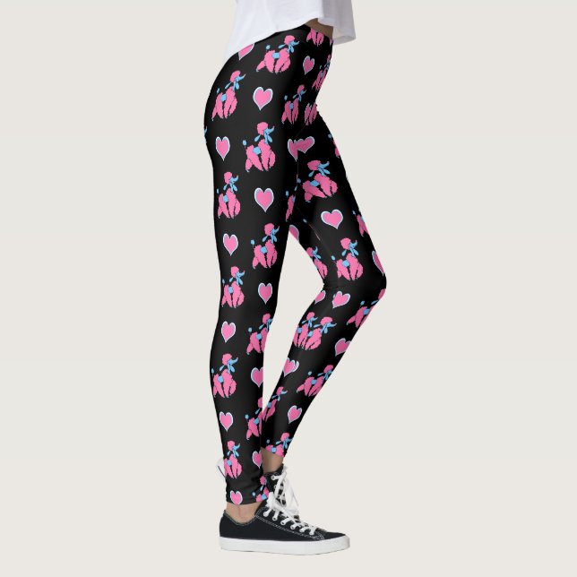 Leggings Poodles et Coeurs roses et bleus sur Noir (Droite)