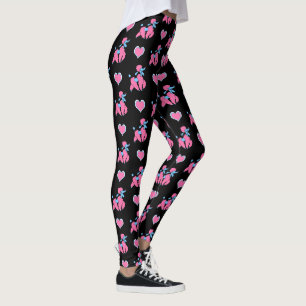 Leggings Poodles roses et bleus et coeurs sur fond noir