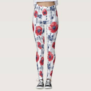 Leggings Poppies rouges avec Feuilles bleus sur À damiers b