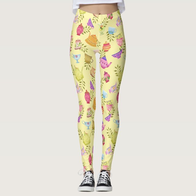 Leggings Pots de thé et tasses Jaune (Devant)