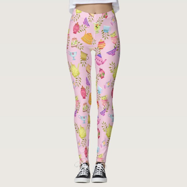 Leggings Pots de thé et tasses rose (Devant)