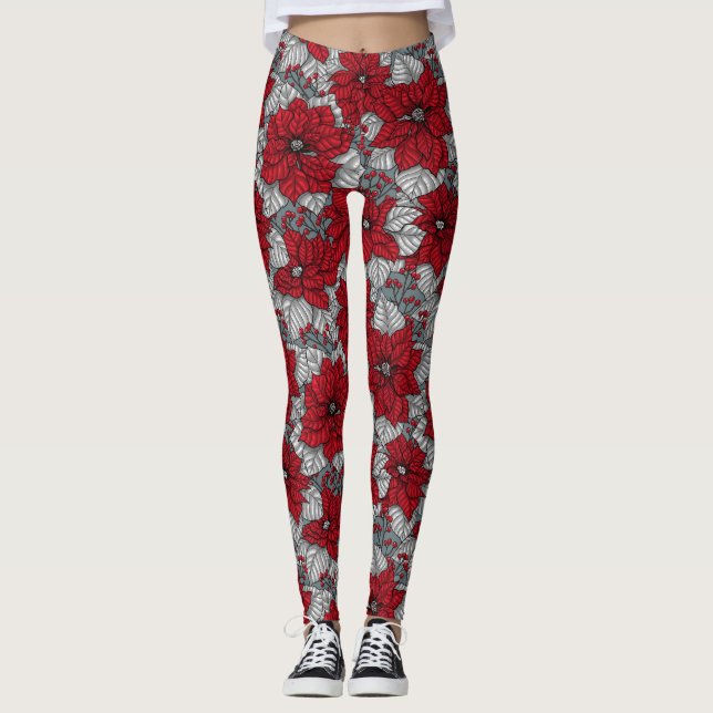 Leggings Potsettia rouge et baies, conception de Noël (Devant)