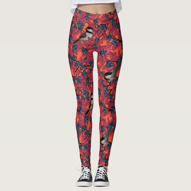 Leggings Poulet sur les branches de bleuets sur l'orange (Devant)