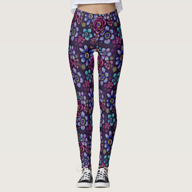 Leggings Poupée gothique Flore foncée avec boutons Imprimer (Devant)
