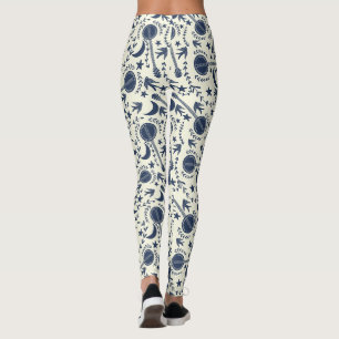 Leggings Pour Banjo Players Blue et Cream Folk Art Motif