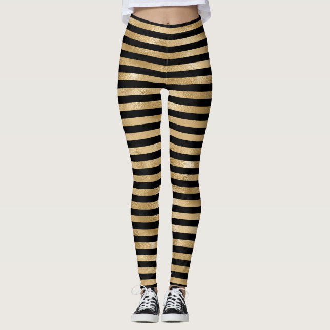 Leggings pour femmes à rayures noire et or (Devant)