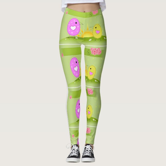 Leggings Poussins mignons de Pâques au lever de soleil (Devant)