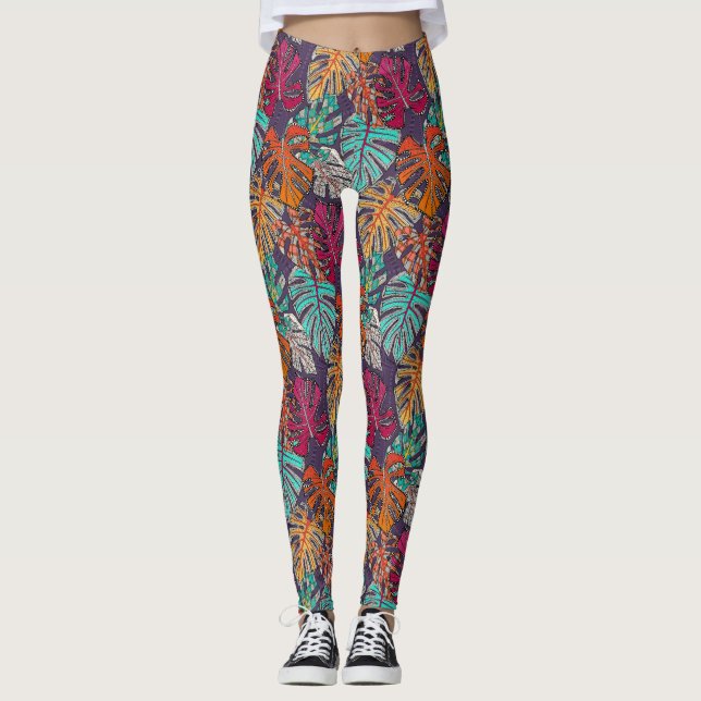 Leggings prune de monstera deliciosa (Devant)