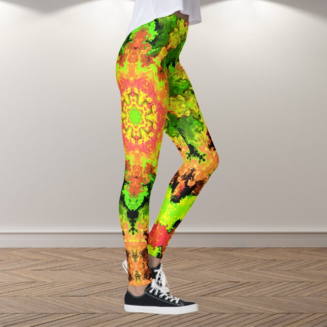 Leggings Psychédélic Hippie Flower Green Orange and Red (Créateur téléchargé)