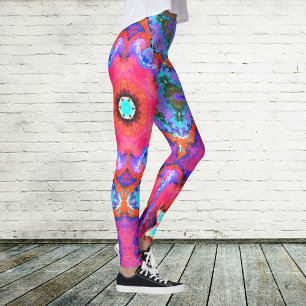 Leggings Psychédélique Hippie Fleur rose bleu et orange