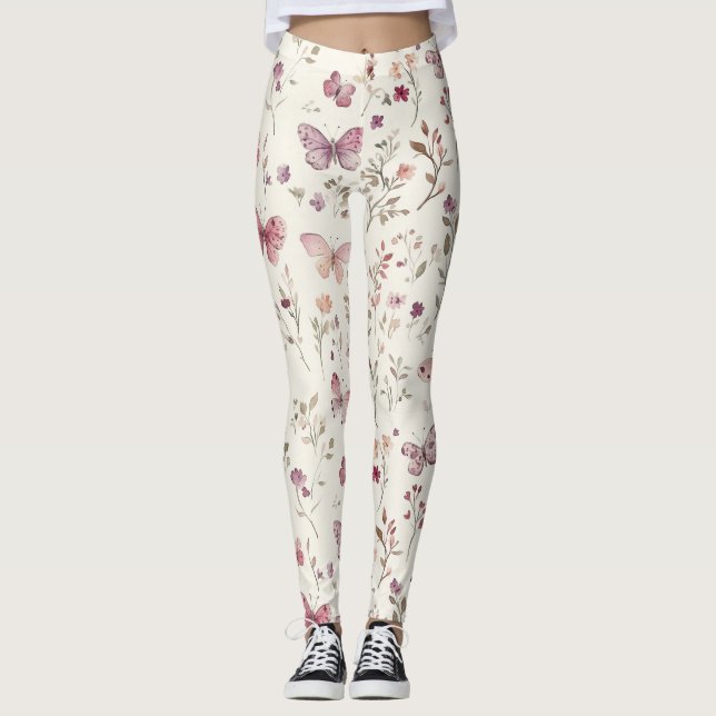 Leggings Purple Cream Butterflies Floral (Devant)