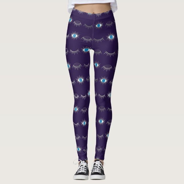 Leggings Purple et Silver Blue Evil Lashes Oeil Nazar Mati  (Devant)