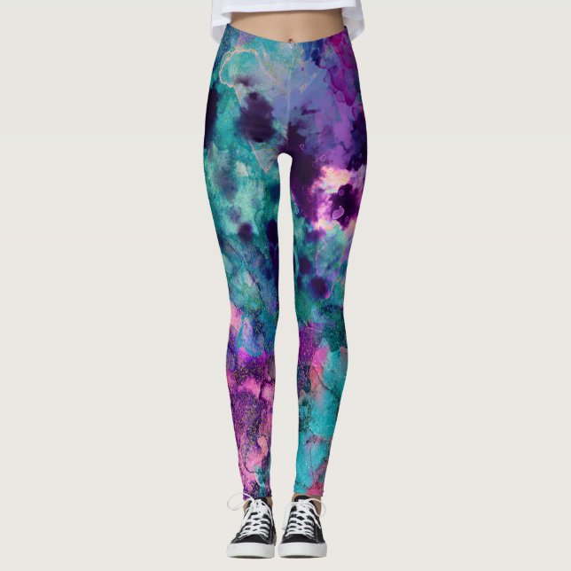 Leggings Purple Pink Turquoise Blue Inky Splatter Fashion (Devant)