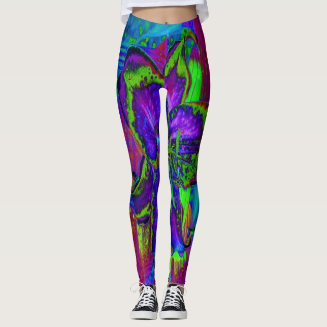 Leggings Purple psychédélique et Fleur Lily verte de chaux (Devant)