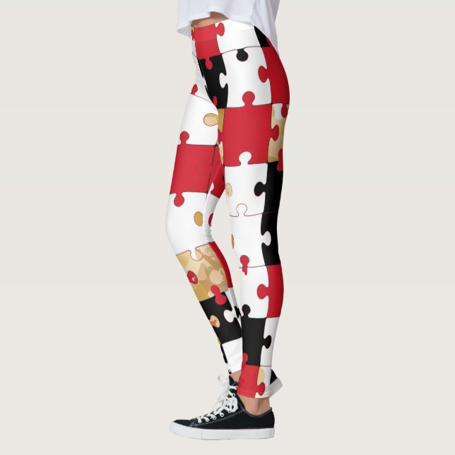 Leggings Puzzle Red Black Gold Pattern  (Gauche)
