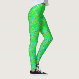 Leggings Quadrados verde azulado, linhas em três cores.