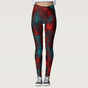 Leggings Quadriculados riscados em vermelho e azul claro.