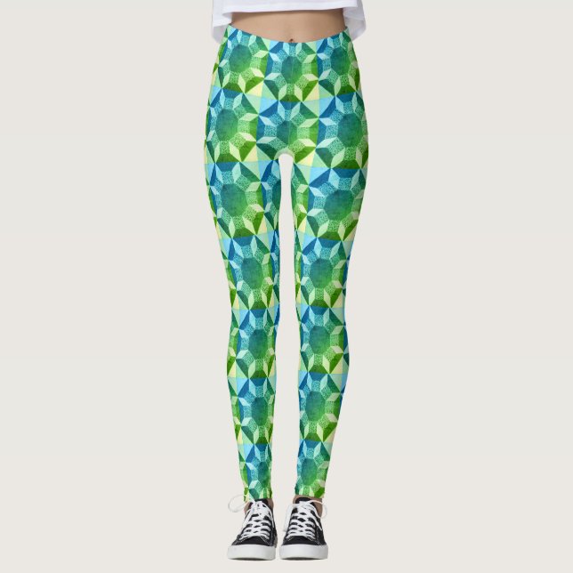 Leggings - Quilt Muster in Blues und Grüntöne (Vorderseite)