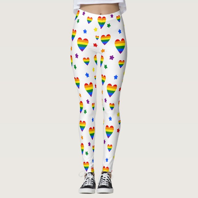 Leggings Rainbow LGBT Coeurs et Fleurs colorées Motif (Devant)