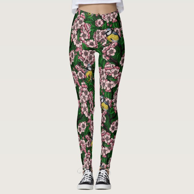Leggings Rameaux bleus dans le cerisier en fleurs en vert (Devant)