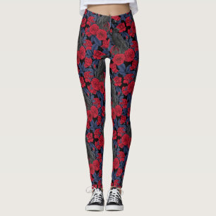 Leggings Ravages et roses avec des feuilles bleu foncé