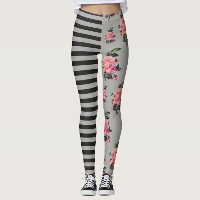 Leggings Rayure à doses égales et rose floraux (Devant)