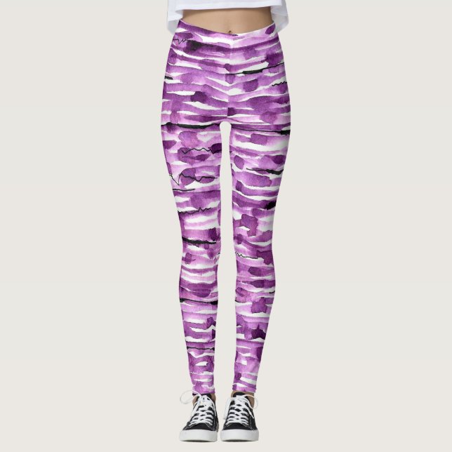 Leggings Rayures Abstraites d'aquarelle violet (Devant)