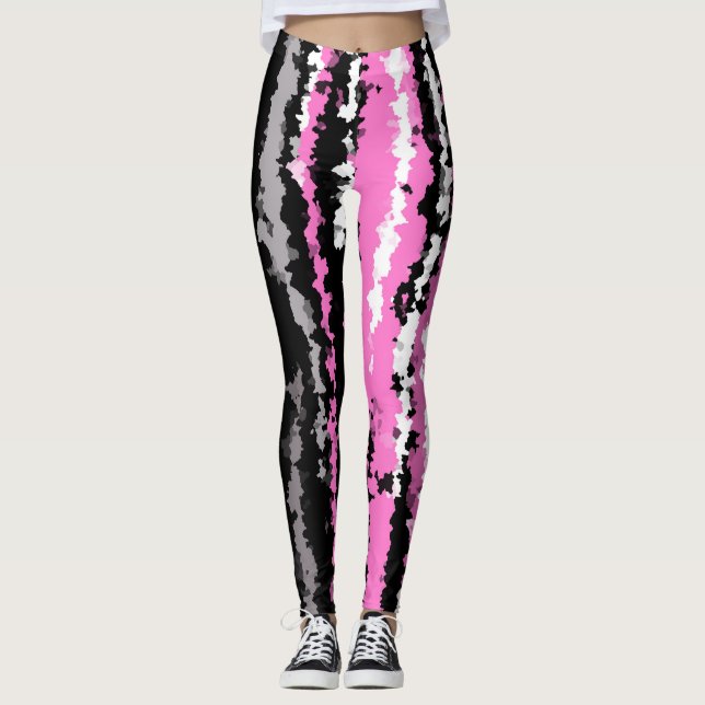 Leggings Rayures abstraites noires roses blanches et de (Devant)