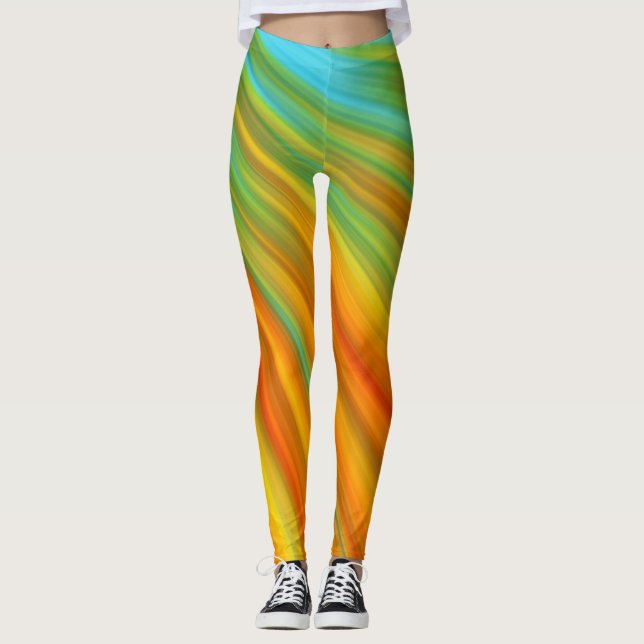 Leggings rayures Abstraites rouge jaune orange vert sur ble (Devant)