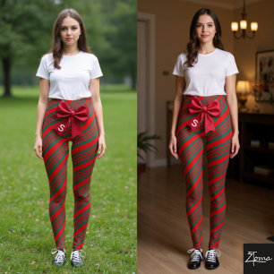 Leggings Rayures diagonales de Noël Rouge Vert Nœud