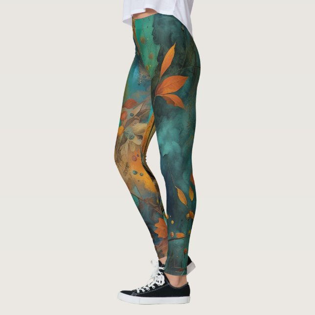 Leggings Récolte d'automne Turquoise rouille or Abstrait (Gauche)