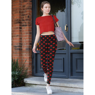 Leggings Red Hearts Motif Love Black Fashion Exercice Yoga