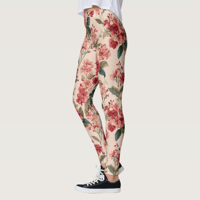 Leggings Red on Pink Hibiscus Floral  (Gauche)