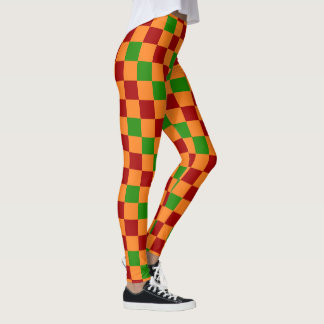 Leggings Red Orange Green Checkered Pattern Design 