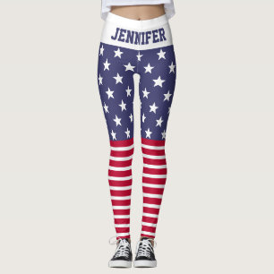 Leggings Red White Blue Stars Stripes USA flag Votre nom