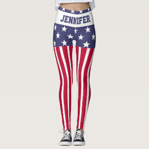 Leggings Red White Blue Stars Stripes USA flag Votre nom