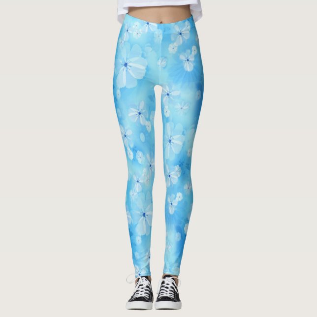 Leggings Répéter bleu ciel pâle - fleurs d'aquarelle blanch (Devant)