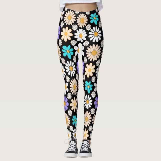 Leggings Retro Daisy Motif Simple.01. BG noir (Devant)