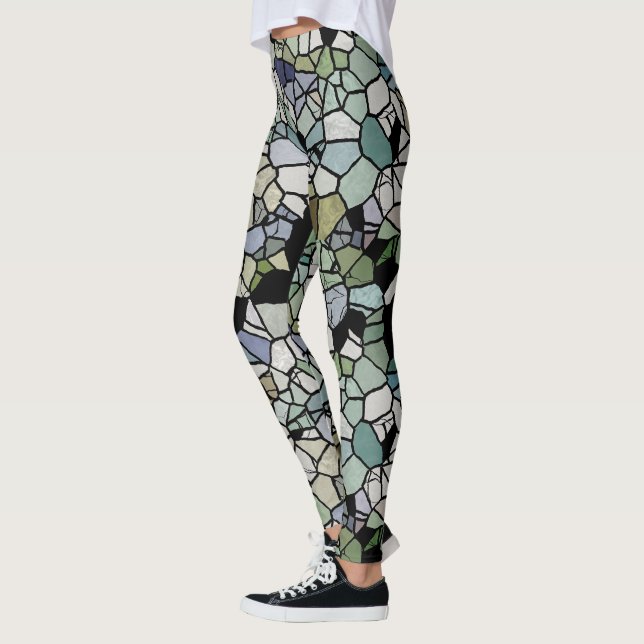 Leggings Retro Hip Taupe Turquoise Blue Green Mosaic Motif  (Gauche)