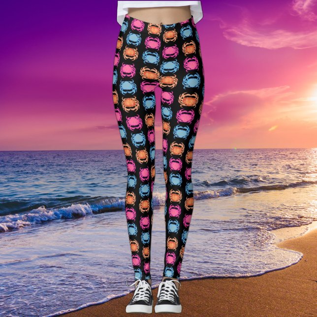 Leggings Retro Neon Style Pink 80s Ocean Crab Pattern Black (Créateur téléchargé)
