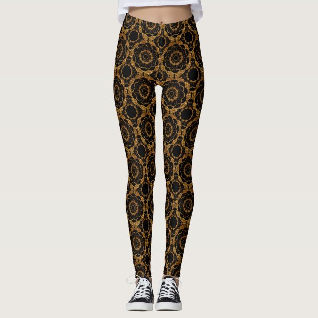 Leggings Rétro or et motif noir de mandala (Devant)